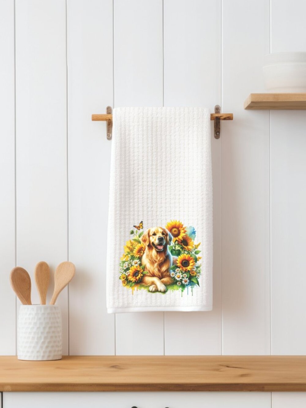 Golden Retriever With Sunflowers Waffle Weave Decorative Kitchen Tea Towel